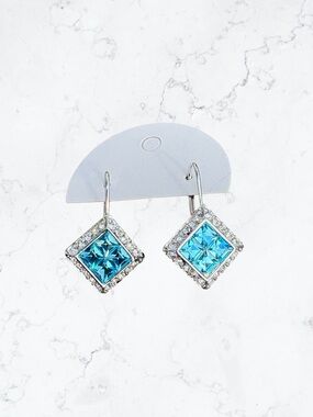 Silver-Tone Blue Swarovski Crystal Square Drop Earrings
